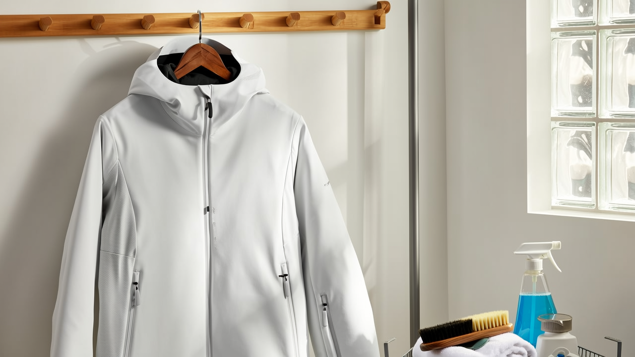 Person cleaning ski jacket with proper detergent